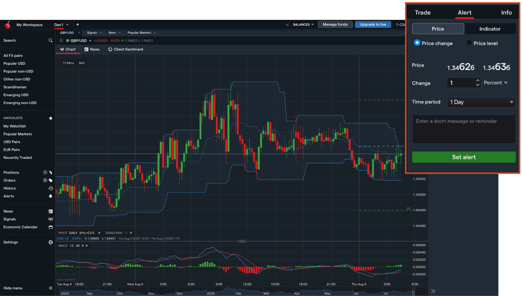 Alerts in the tastyfx Web Platform