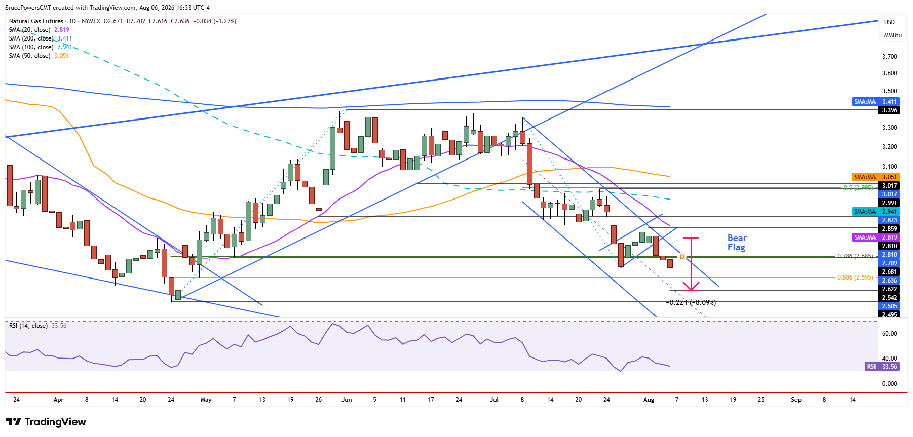 Natural gas futures daily chart shows extension of bearish trend.