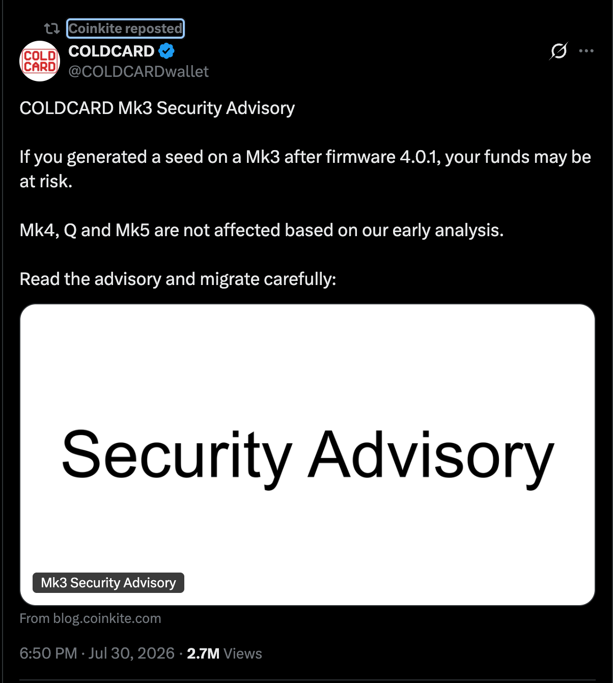 Coldcard Wallet Official X Account