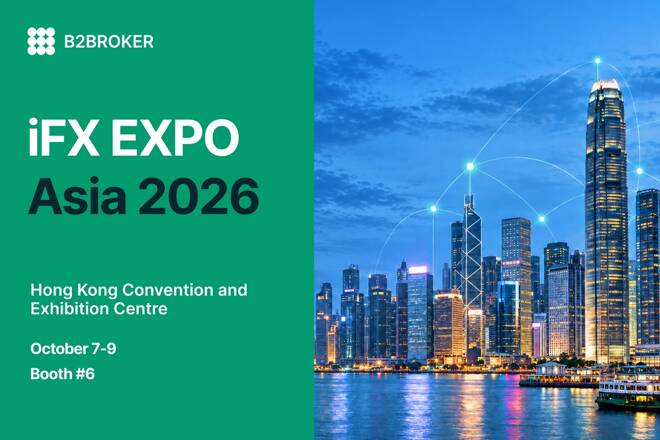 Promotional banner for B2Broker at iFX EXPO Asia 2026, taking place October 7-9 at the Hong Kong Convention and Exhibition Centre (Booth #6), featuring a nighttime view of the Hong Kong skyline with digital network connections overlaid on the sky.