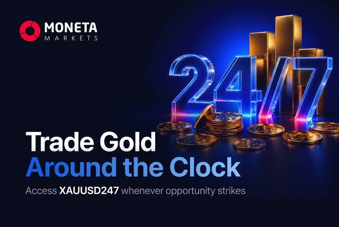 Moneta Markets promotional graphic with the text "Trade Gold Around the Clock" and "Access XAUUSD247 whenever opportunity strikes," featuring glowing 24/7 glass numerals, gold bars, and scattered gold coins against a dark background.