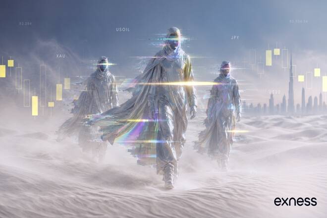 Futuristic figures in reflective silver robes walking across a desert landscape overlaid with holographic financial candlestick charts, currency tickers (XAU, USOIL, JPY, US30), and the Exness logo.