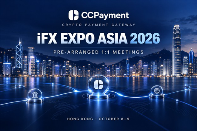 Promotional banner for CCPayment announcing pre-arranged 1:1 meetings at iFX EXPO Asia 2026 in Hong Kong on October 8–9, featuring the city skyline at night.