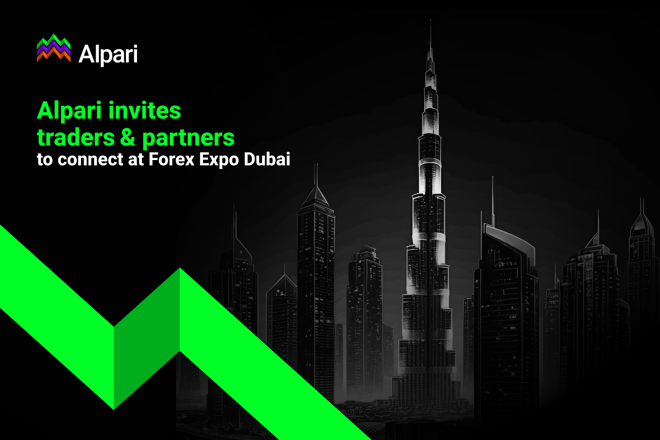 Promotional banner for Alpari inviting traders and partners to Forex Expo Dubai featuring the Burj Khalifa and Dubai skyline.