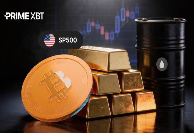 PrimeXBT trading graphic featuring a gold Bitcoin physical coin, stacked gold bullion bars, a black crude oil barrel, and an SP500 badge against candlestick chart lines.