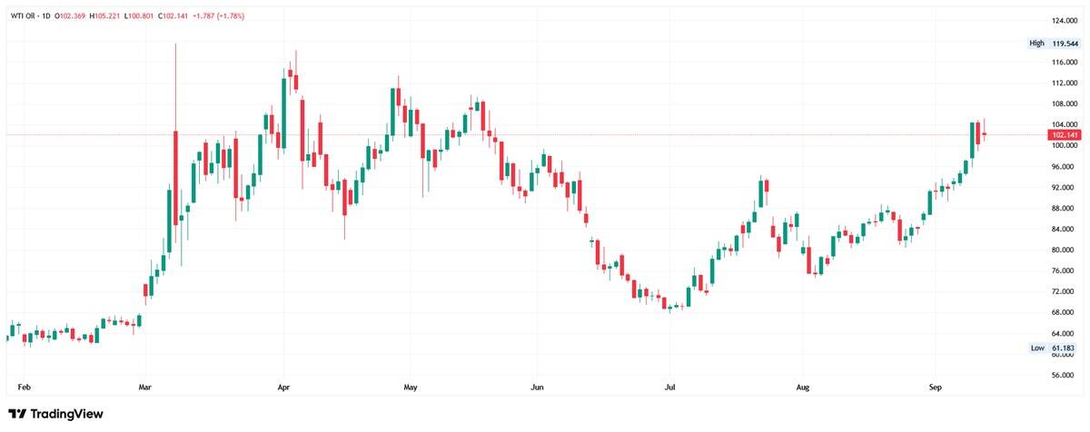 Daily candlestick chart of WTI Crude Oil rallying to 102.141, between a low of 61.183 and a high of 119.544.