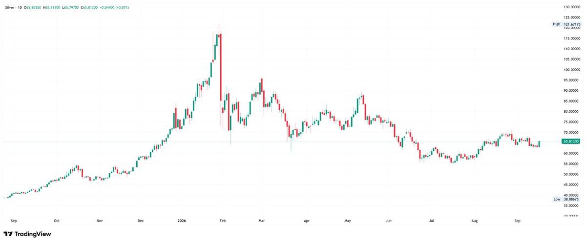 Daily candlestick chart of Silver trading at 65.81300 between a low of 38.08675 and a high of 121.67175.