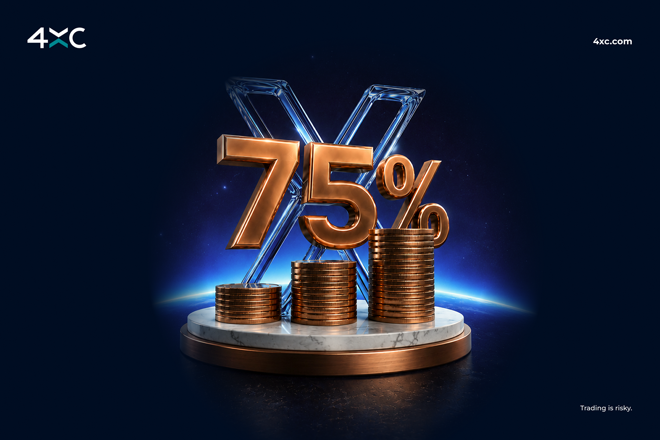 4XC promotional graphic featuring a large 75% symbol above rising stacks of gold coins against a dark blue background.