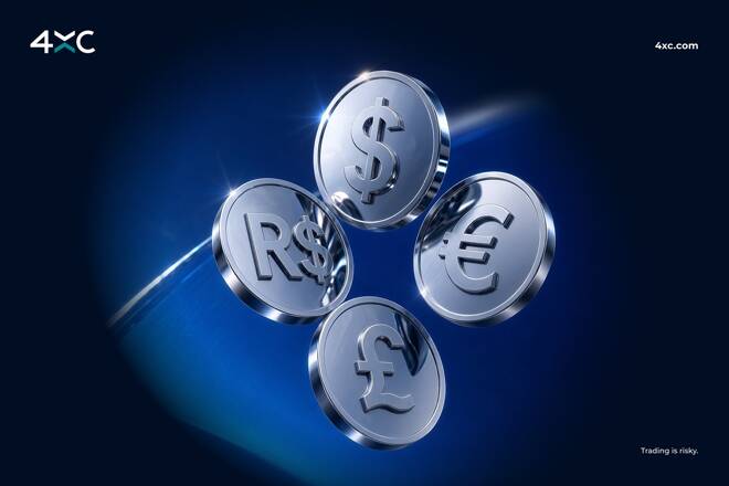 Several currency coins and 4XC logo