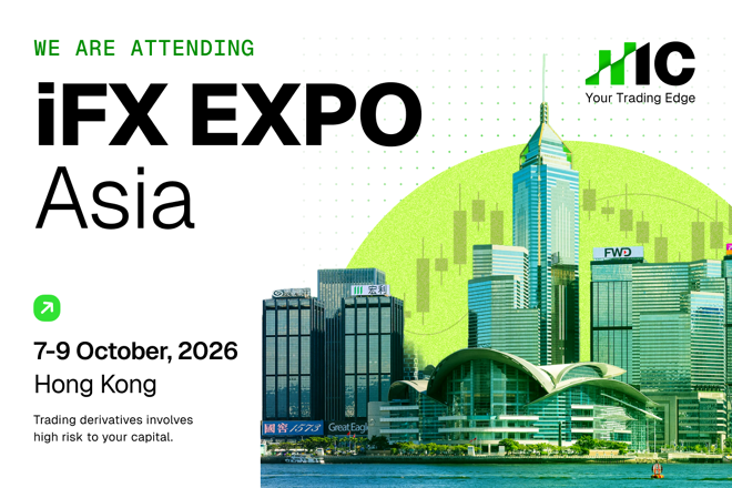 Promotional banner for "iFX EXPO Asia" in Hong Kong, dated October 7–9, 2026, featuring the IC "Your Trading Edge" logo against the city skyline and financial candlestick charts.
