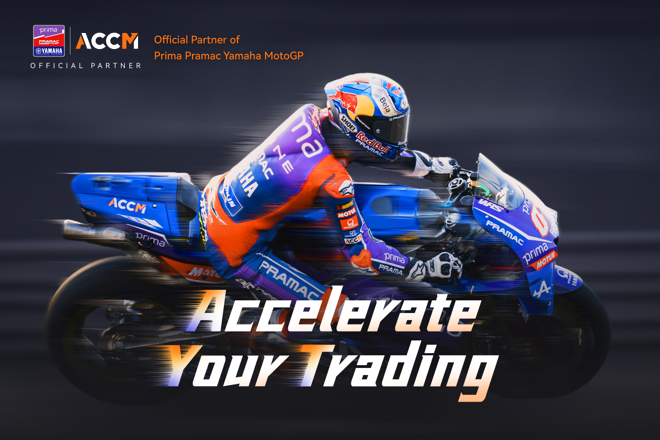 Promotional banner featuring a MotoGP racer on a speeding blue and orange Yamaha motorcycle, titled "Accelerate Your Trading," highlighting ACCM as an official partner of Prima Pramac Yamaha MotoGP.