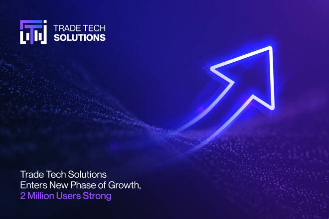 Trade Tech Solutions graphic featuring a glowing upward arrow and the message “Enters New Phase of Growth, 2 Million Users Strong” on a blue and purple background.
