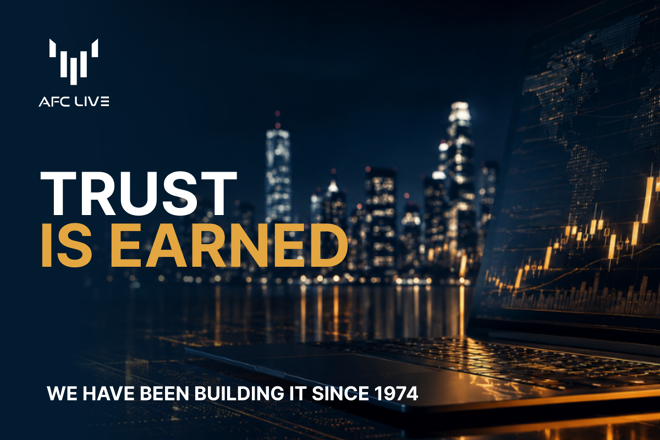 AFC LIVE ad showing an open laptop displaying financial charts against a night city skyline with the slogan "TRUST IS EARNED — WE HAVE BEEN BUILDING IT SINCE 1974."