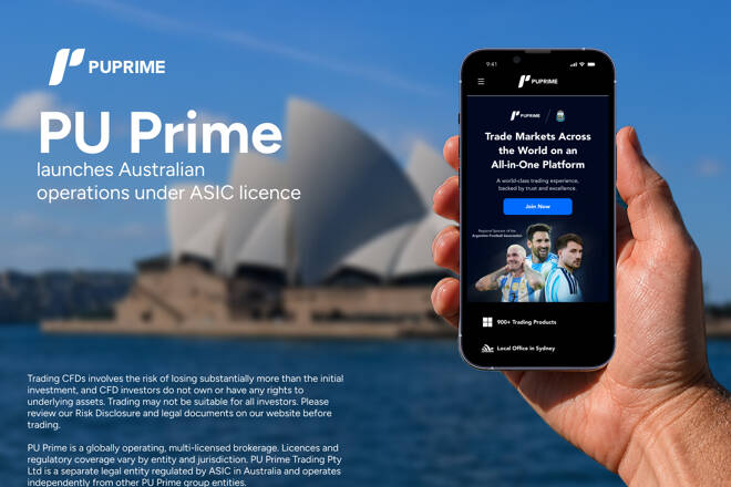 PU Prime announcing Australian operations under ASIC license with a smartphone against the Sydney Opera House.