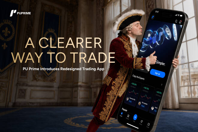 PU Prime promotional graphic showing an 18th-century nobleman holding an oversized smartphone that displays the redesigned PU Prime trading app interface, alongside the text 'A Clearer Way to Trade.