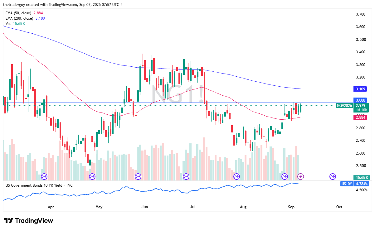 Daily candlestick chart for Natural Gas futures showing price at 2.979, the 50-day EMA at 2.884, and the 200-day EMA at 3.109.