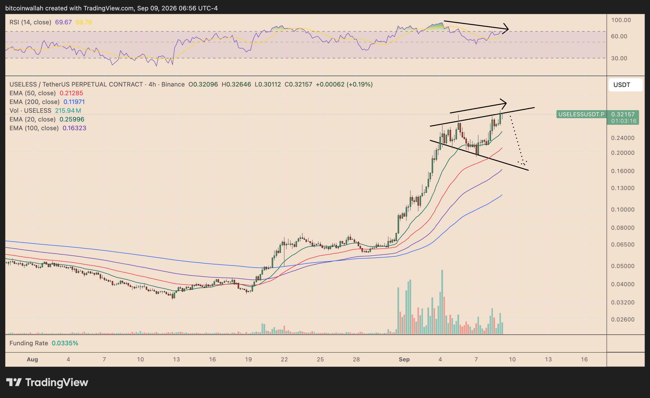 USELESS's four-hour price chart tracking the broadening wedge and bearish divergence patterns
