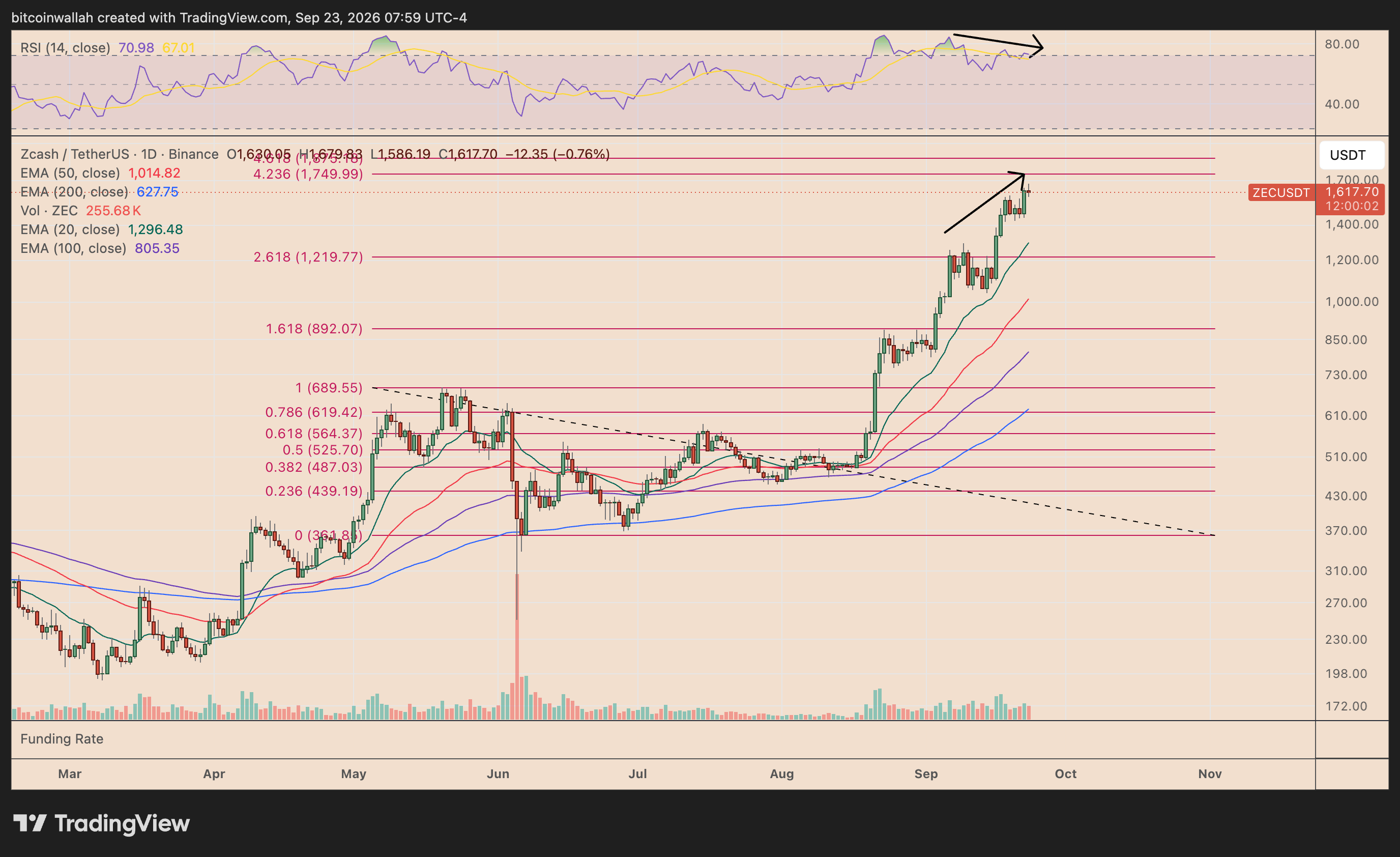 Zcash's daily price chart tracking the bearish divergence signal