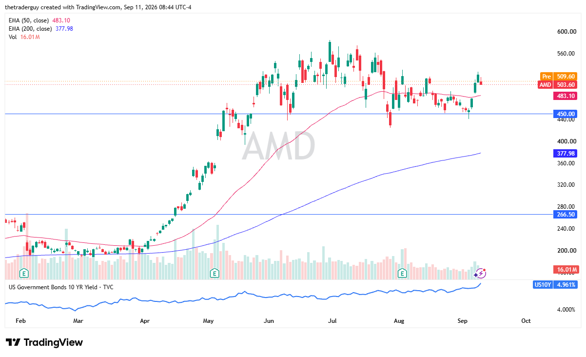 Daily candlestick chart for AMD showing price at 503.60 with pre-market trading at 509.60, above the 50-day EMA at 483.10 and the 200-day EMA at 377.98.