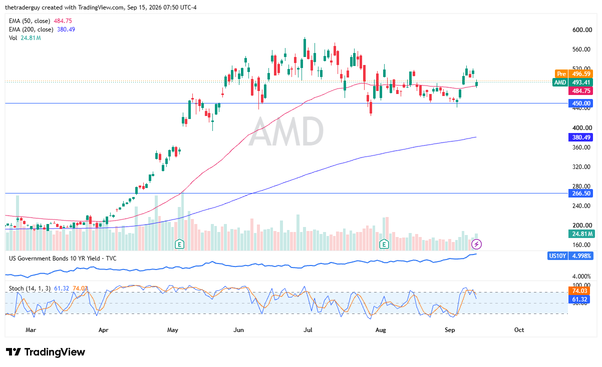 Gráfico diario de velas de AMD que muestra el precio en premercado en $496,59 manteniéndose por encima de la EMA de 50 días en $484,75 y el soporte horizontal en $450,00.