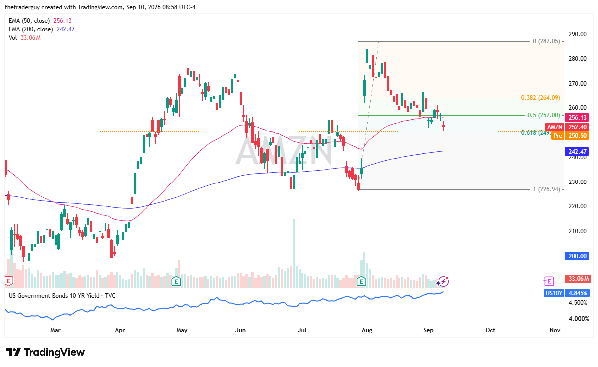 Daily candlestick chart for AMZN showing price at 252.40 testing the 61.8% Fibonacci retracement level, below the 50-day EMA at 256.13 and above the 200-day EMA at 242.47.