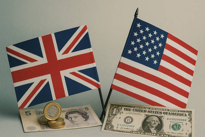 British and American flags close to money from their countries