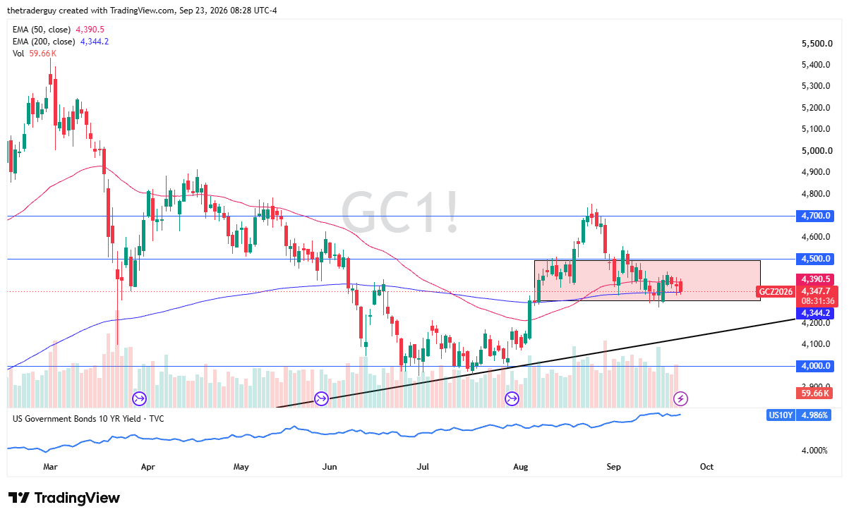Gold futures (GC1!) daily candlestick chart on TradingView showing price consolidating between the 50-day and 200-day EMAs.
