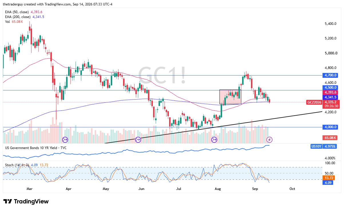 Daily candlestick chart for Gold futures (GC1!) trading at 4,335.2 while testing support near the 200-day EMA at 4,341.5.