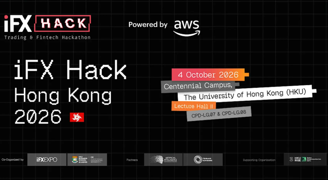 Promotional graphic for iFX Hack Hong Kong 2026, powered by AWS, taking place October 4, 2026, at the University of Hong Kong’s Centennial Campus.