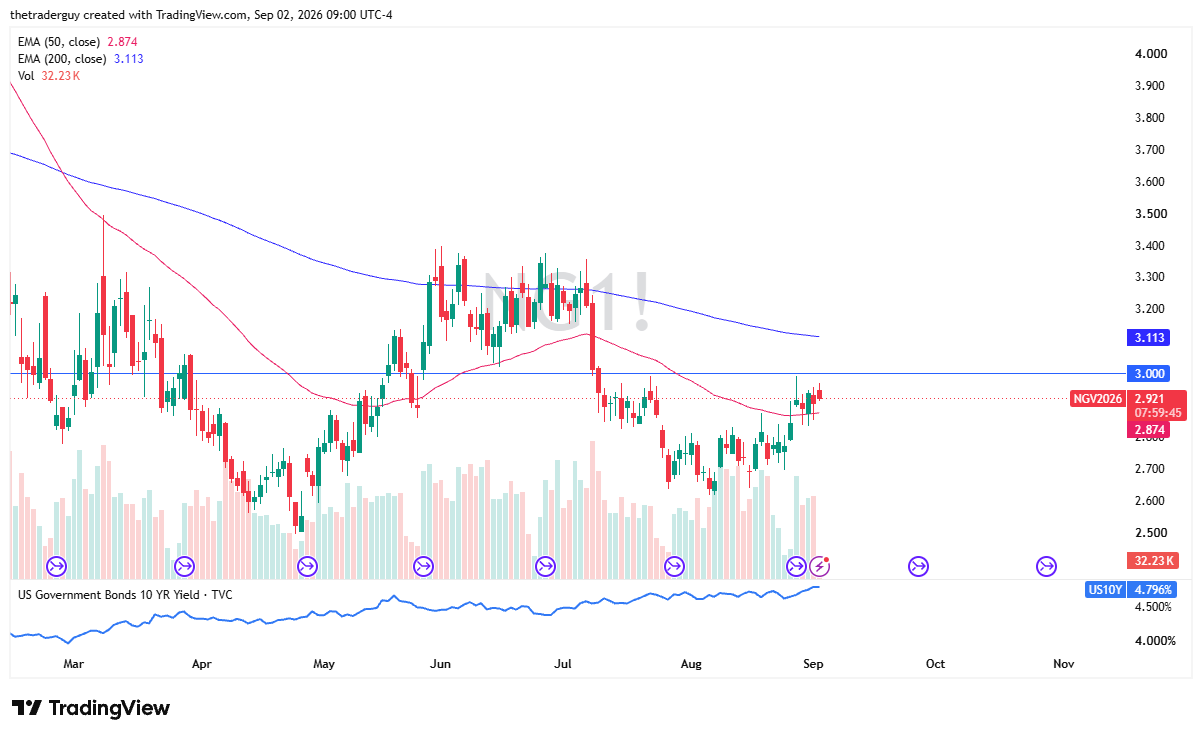 Daily candlestick chart for Natural Gas futures showing price at 2.921, 50-day EMA at 2.874, and 200-day EMA at 3.113.