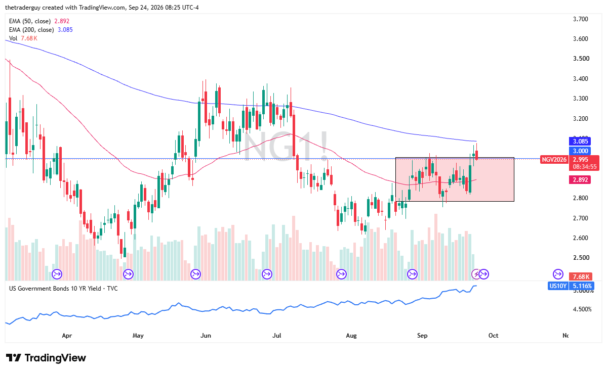 Daily candlestick chart of Natural Gas futures testing the 200-day EMA and the $3 level.