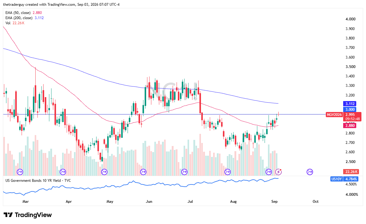 Daily candlestick chart for Natural Gas futures showing price at 2.995, 50-day EMA at 2.880, and 200-day EMA at 3.112.