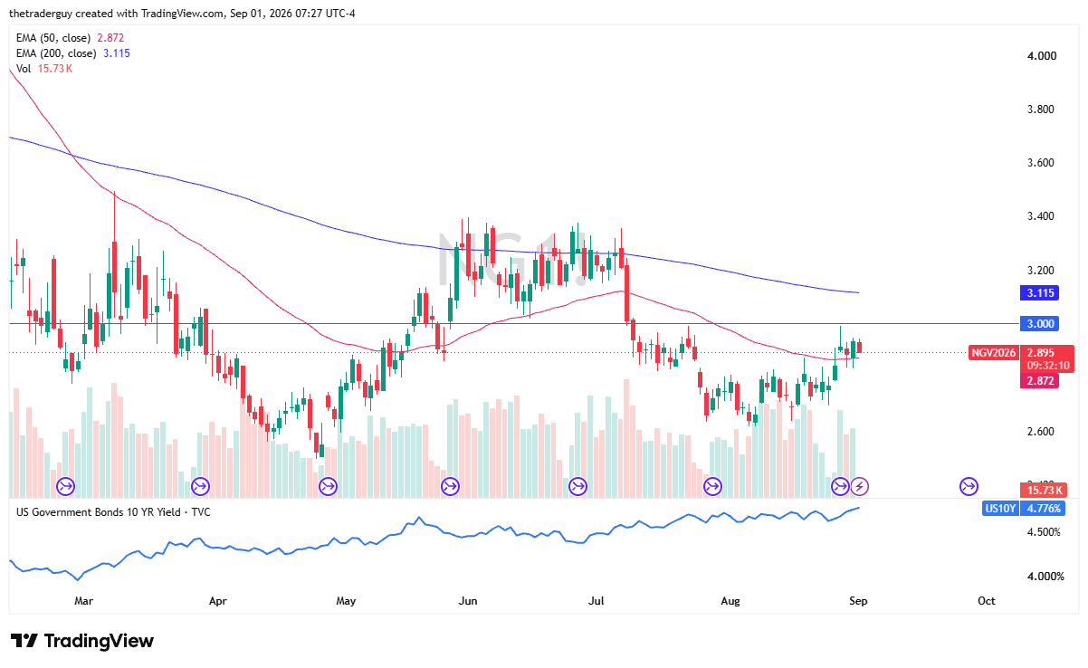 Natural gas futures daily chart at 2.895 trading below both EMAs and the 3.000 resistance.