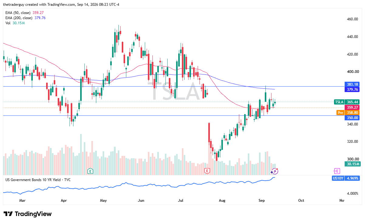 Daily candlestick chart for Tesla showing pre-market price at $358.80 resting near the 50-day EMA at $359.27.