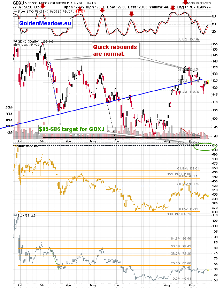 Daily chart comparing GDXJ, GLD and SLV.