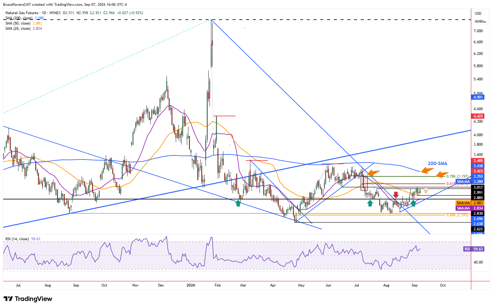 Daily candlestick chart for Natural Gas futures showing price at 2.966 with multi-month descending and ascending trend lines, 20, 50, and 200 SMAs, Fibonacci retracements, and RSI at 59.63.