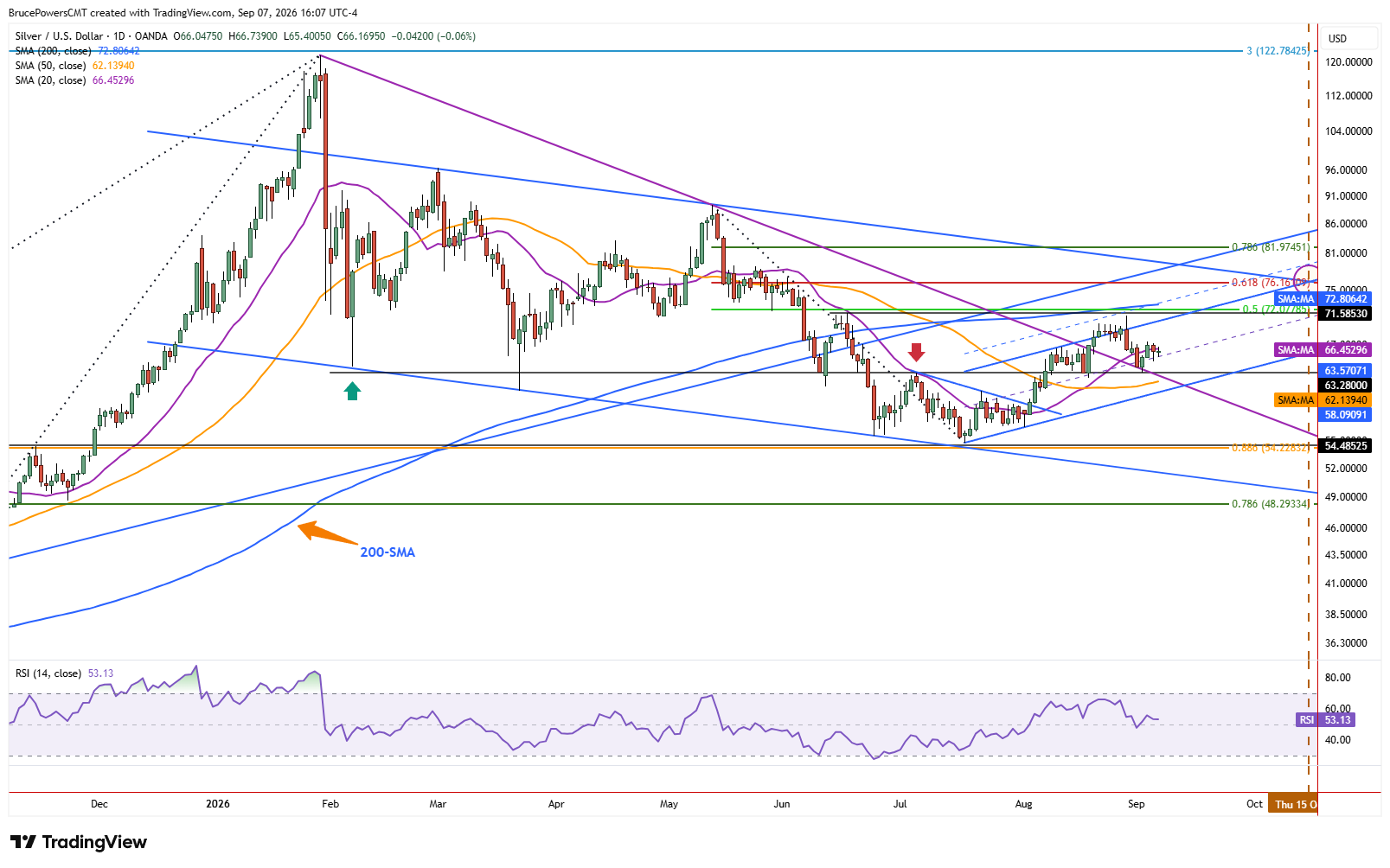 Daily candlestick chart for Silver / U.S. Dollar (XAG/USD) showing price at 66.16950 with 20, 50, and 200 SMAs, ascending and descending trend lines, Fibonacci retracement levels, and RSI at 53.13.