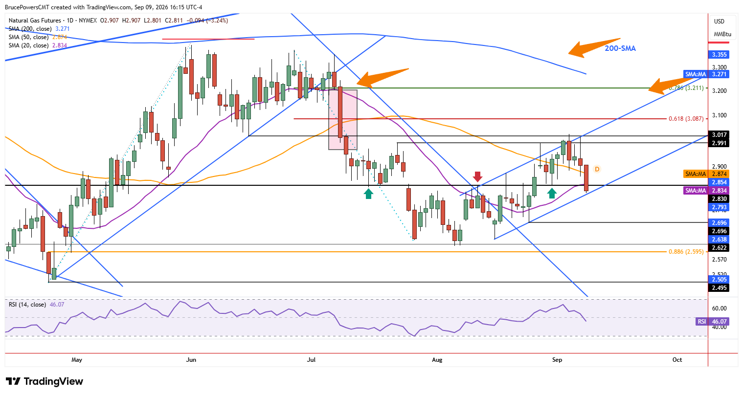 Natural gas futures daily chart shows sharp decline to lower trendline. 