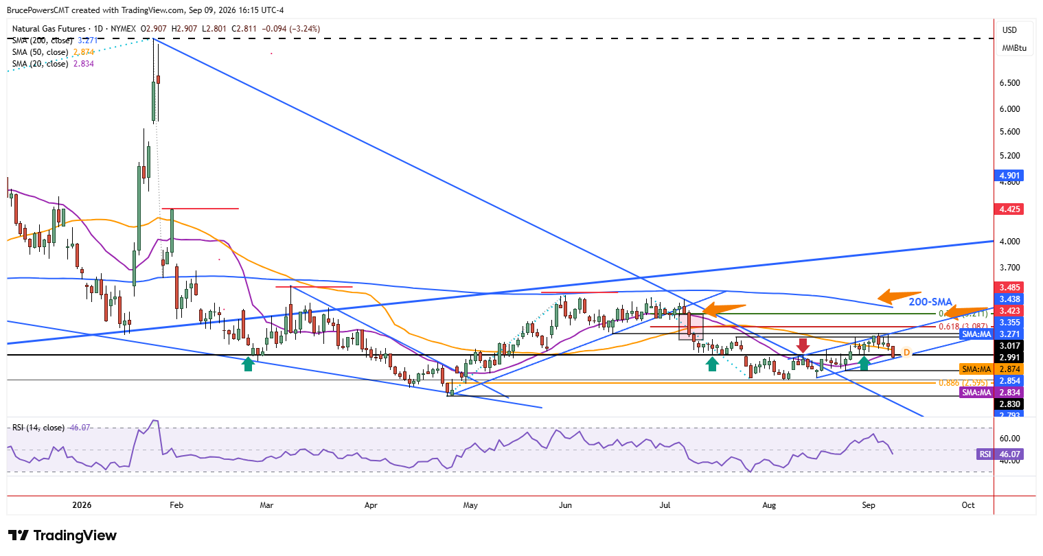 Natural gas futures daily chart shows larger trend structure. Source: TradingView