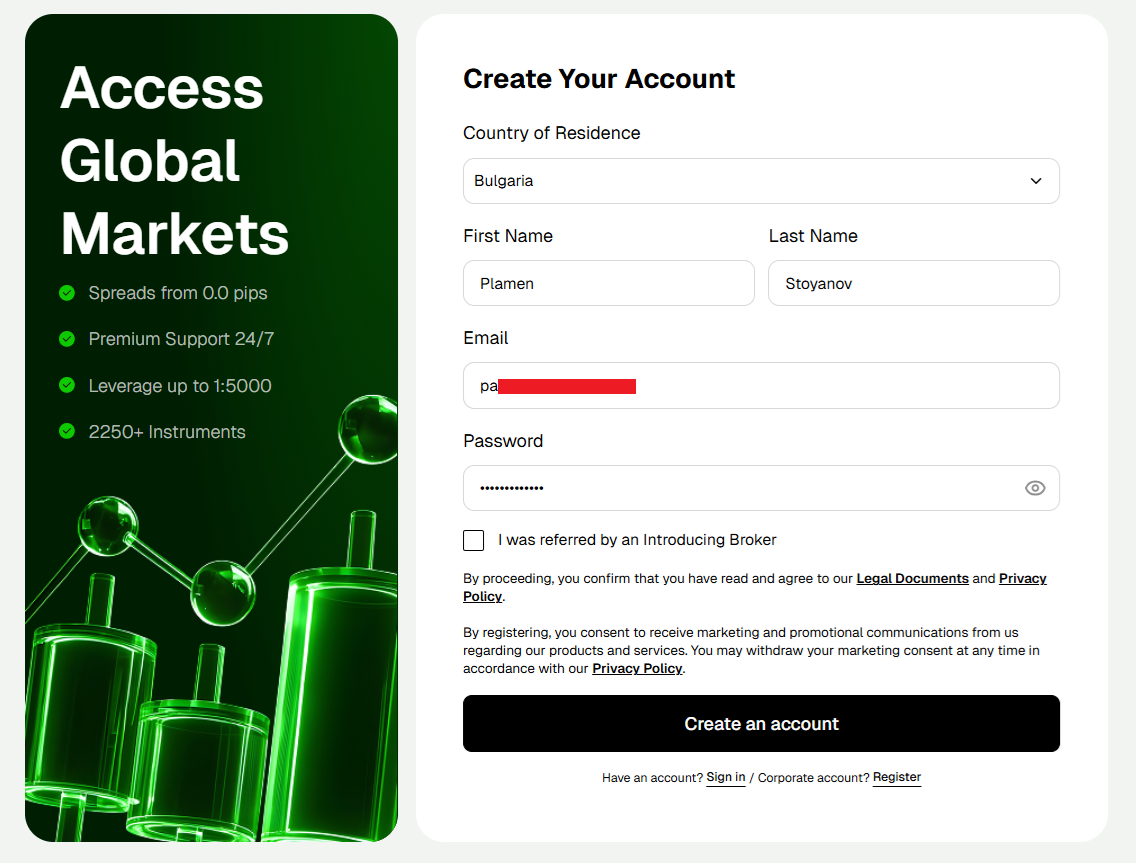 IC's account registration form