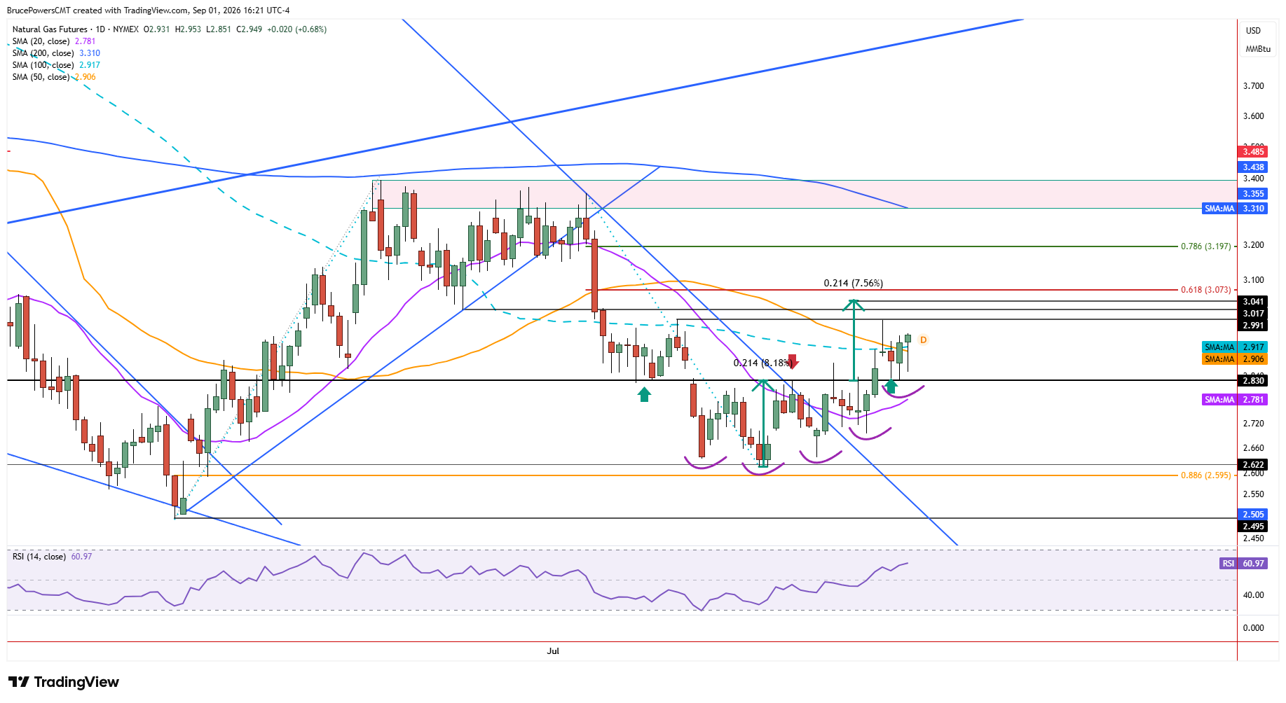 Natural gas futures daily chart shows upward bias retained.