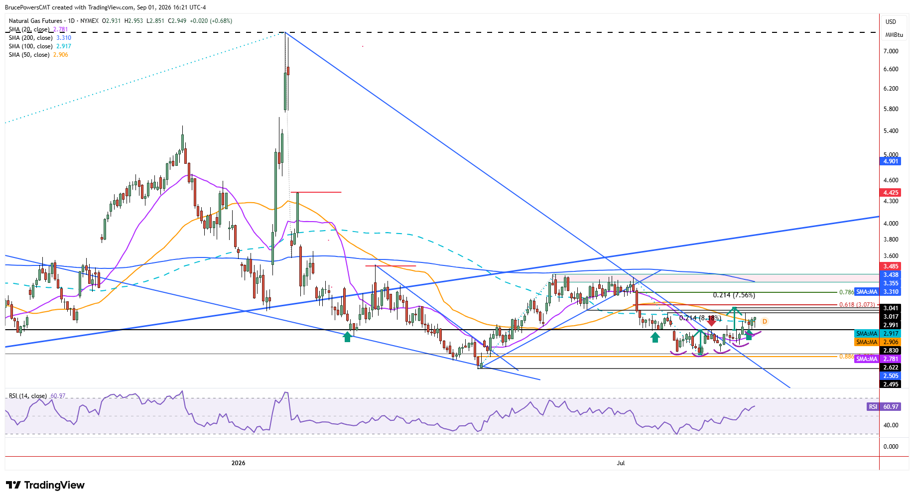 Natural gas futures daily chart shows larger trend view.