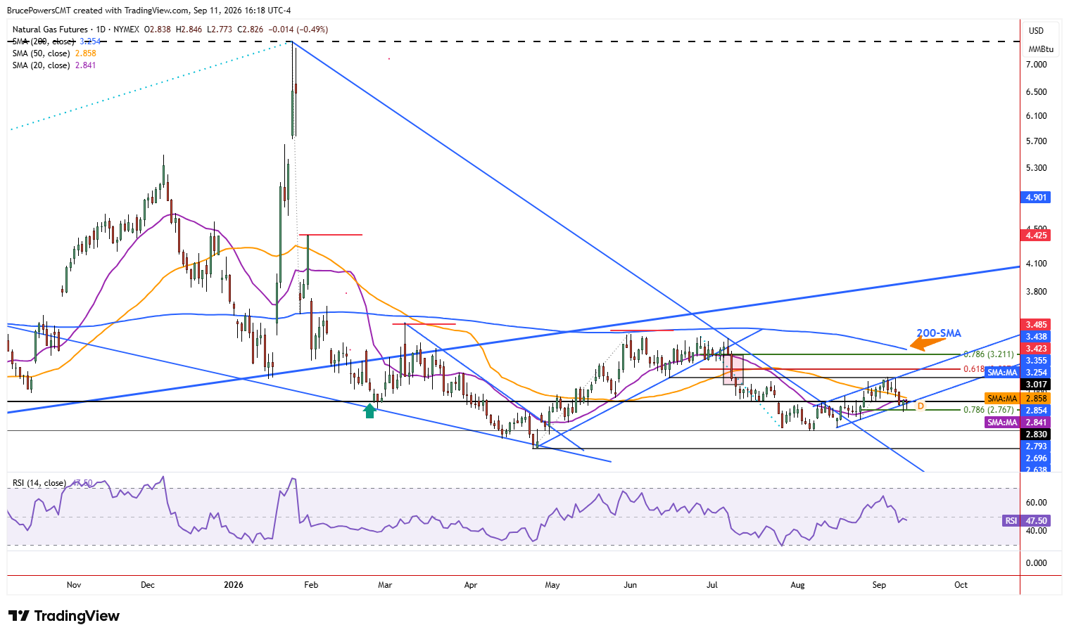 Natural gas daily chart shows larger trend structure.