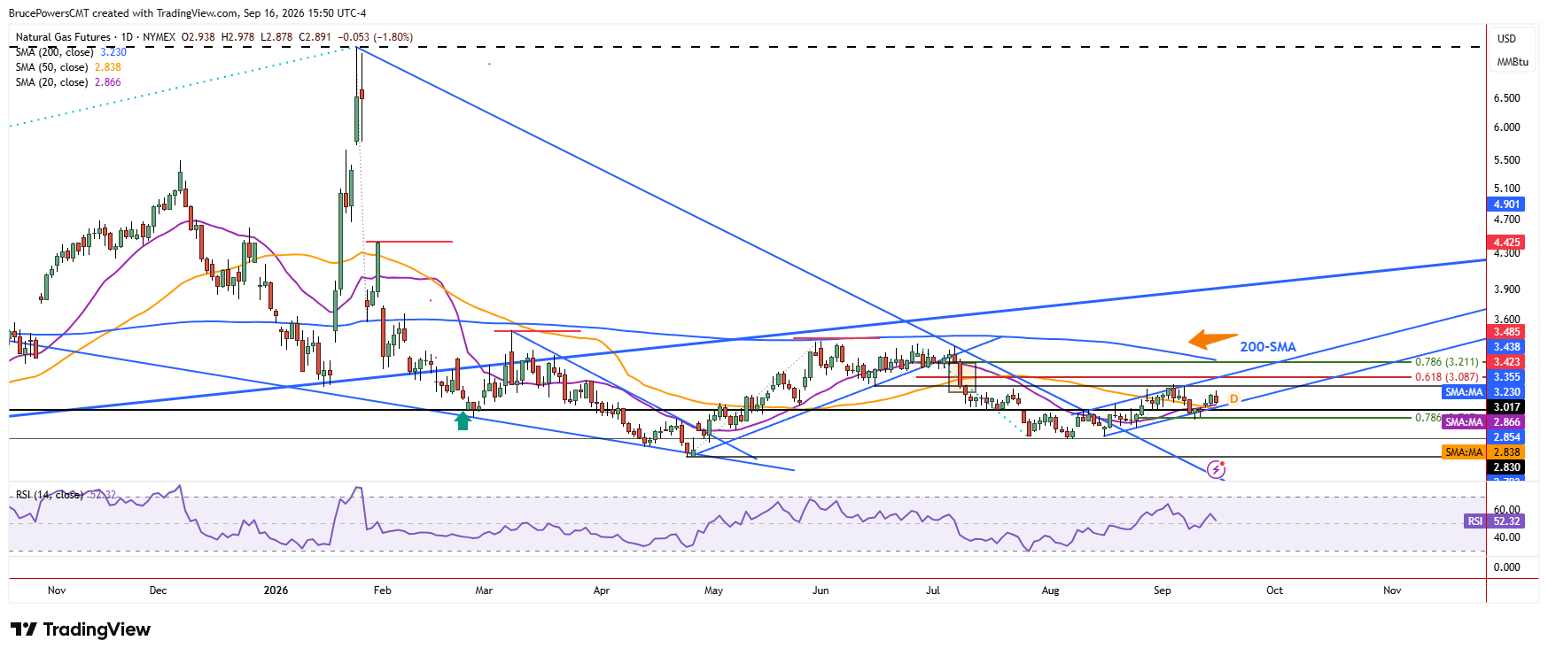 Natural gas futures daily chart shows long-term trend structure. 