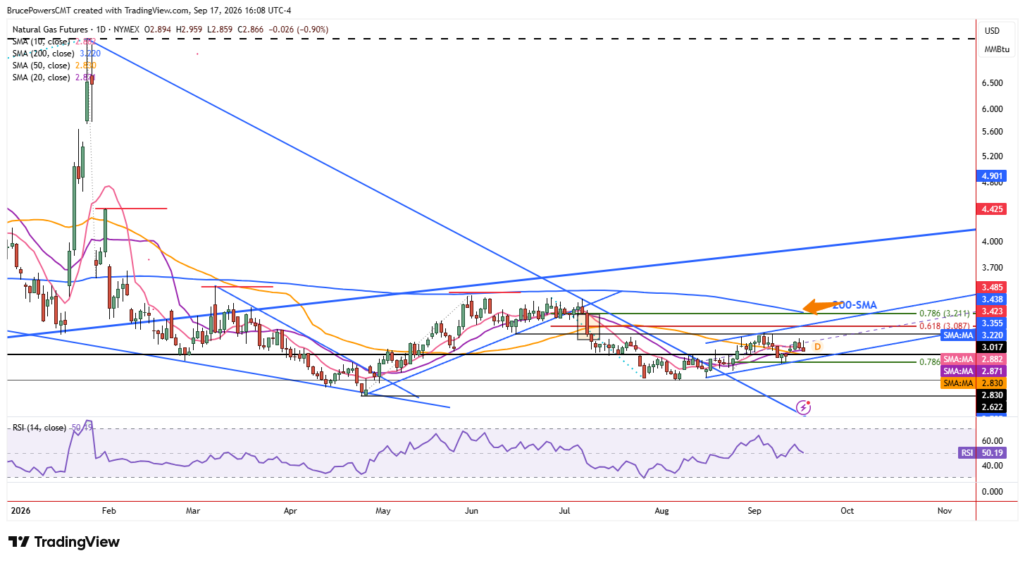 Natural gas futures daily chart shows larger trend structure.
