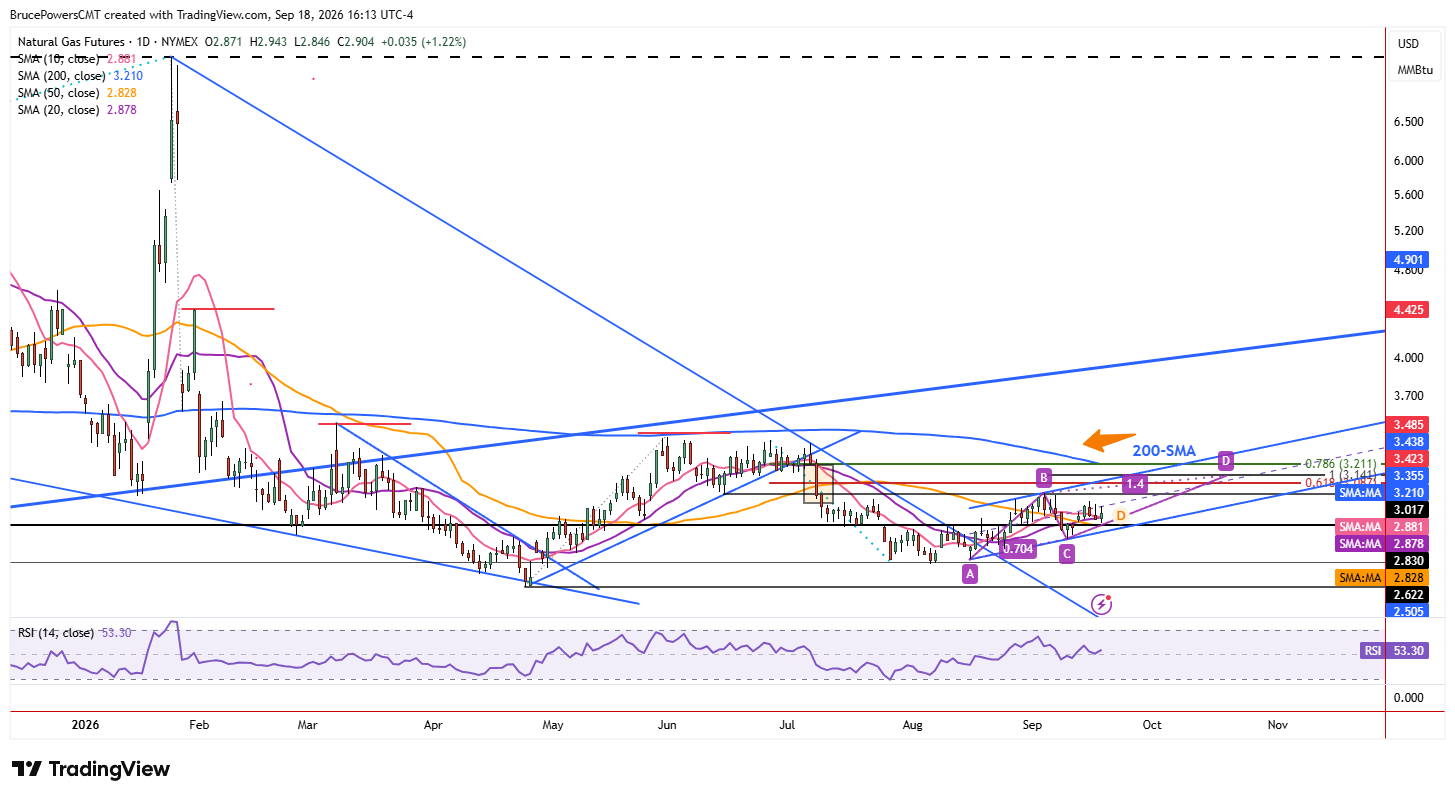 Natural gas daily chart shows larger trend structure. 