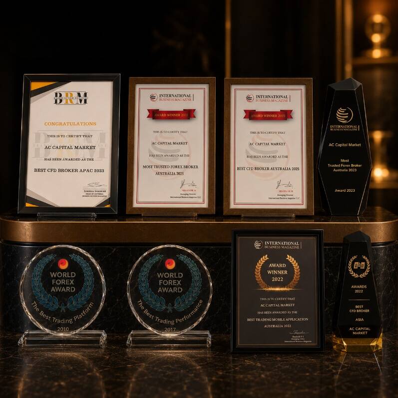 A collection of framed award certificates and glass trophies recognizing AC Capital Market on display across a polished counter.