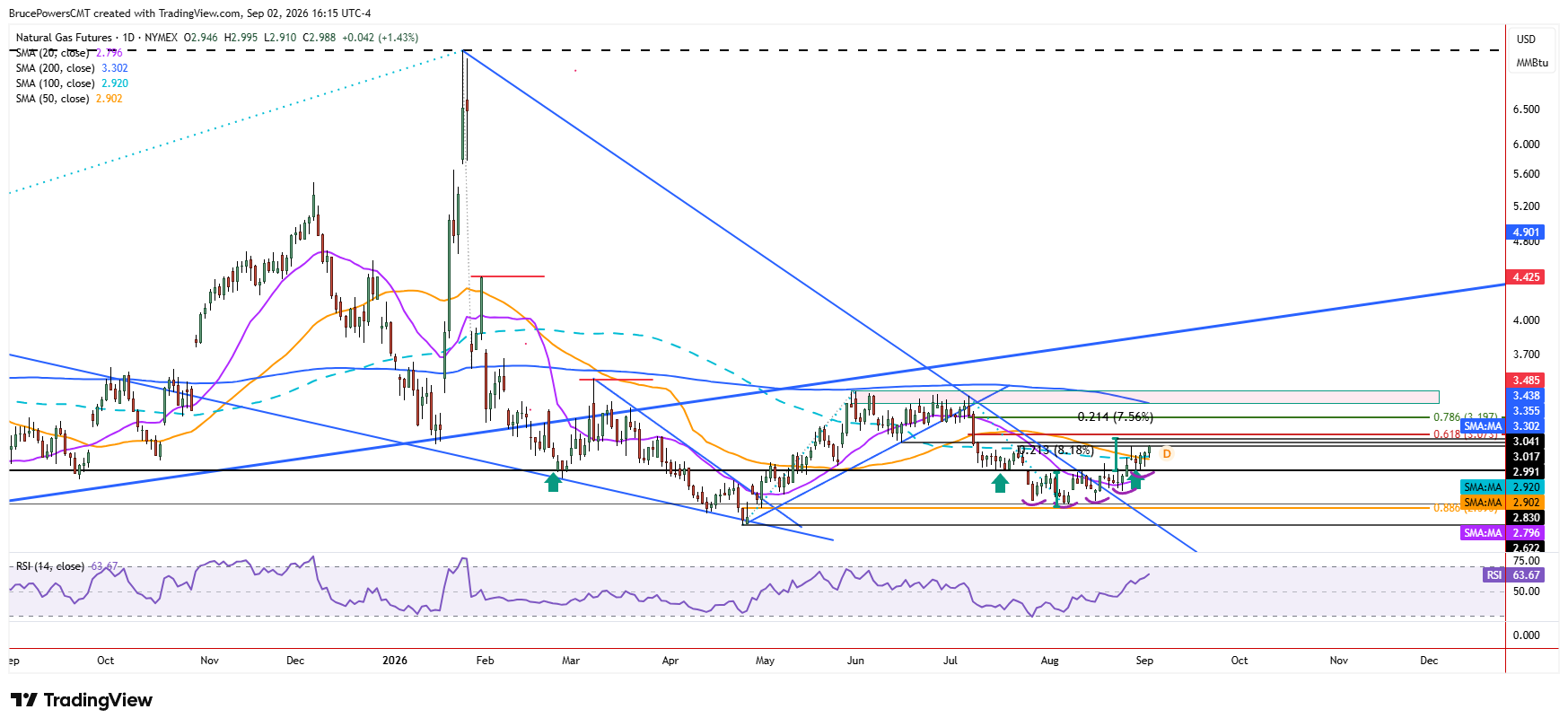 Natural gas futures daily chart shows larger trend structure.