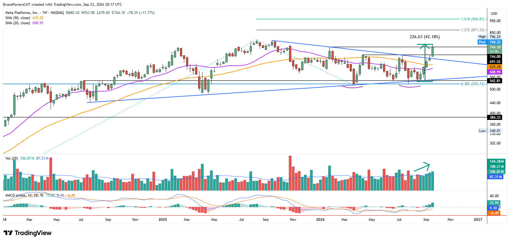 META weekly chart shows long-term bull trend. 