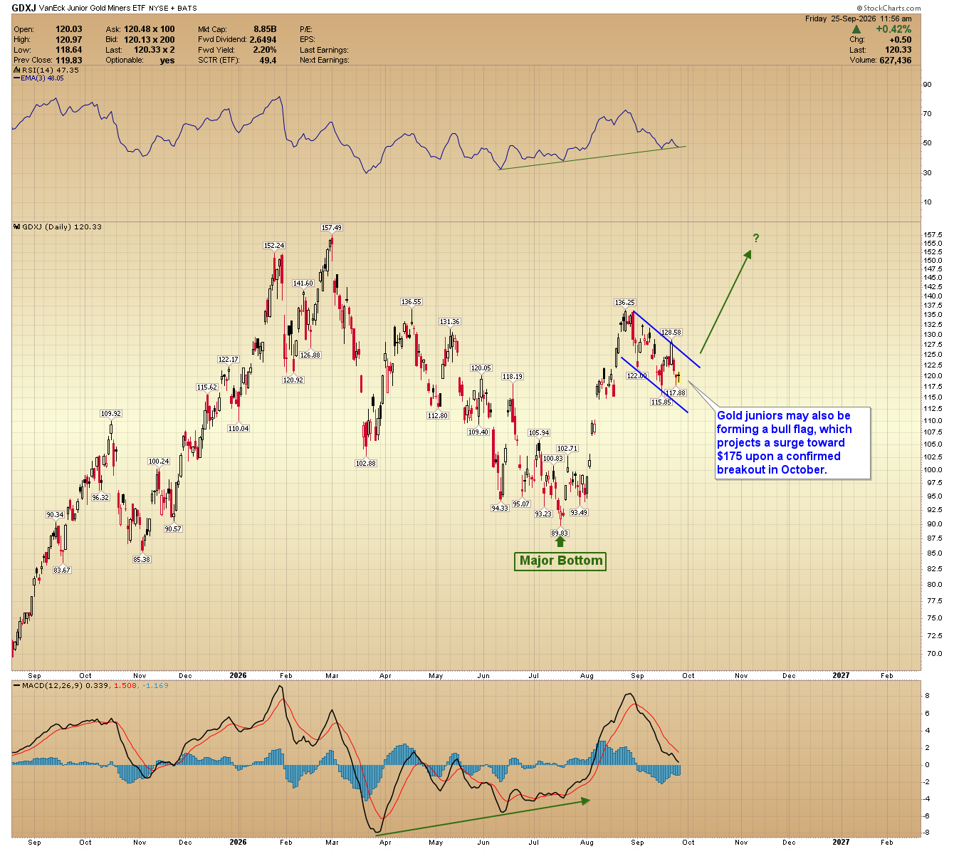 Daily candlestick chart of the VanEck Junior Gold Miners ETF (GDXJ) trading at $120.33 within a downward sloping flag pattern off the $136.25 high, well above its $89.83 major bottom.